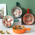 Керамическая посуда для выпечки с изображением лесных животных, домашняя подглазурованная миска с одной ручкой, бинауральная форма для выпечки, тарелка для салата, кухонные принадлежности, посуда - фото