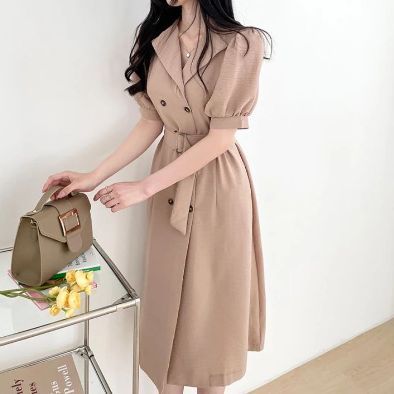 

Summer Office Women White Elegant Dress Solid Color Lapel Double-Breasted Short Sleeve Dress With Belt 2021 Female Vestidos