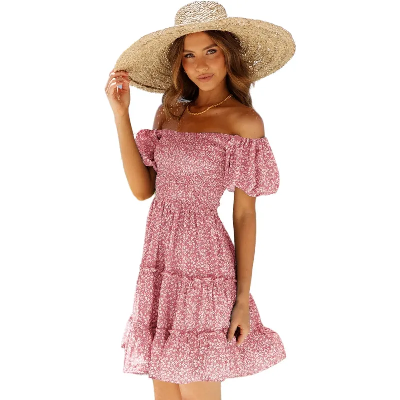 

Summer Casual Dress 2021 Women Blue Elegant Short Sleeve Midi Vintage Dress Sweet Off Shoulder Party Clothes Robe Femme Vestidos
