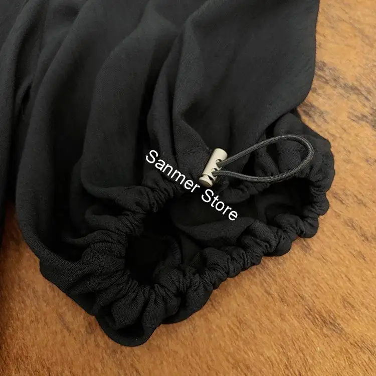 

Women's Cotton Black Mini Dresses Drawstring Short Puff Sleeve High Waist Zipper Square Collar Simple Female Dress Spring Summer