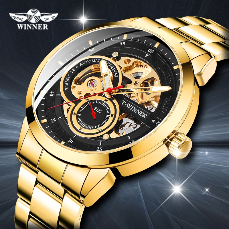 Победитель часы Для Мужчин Скелет автоматические механические золотистые