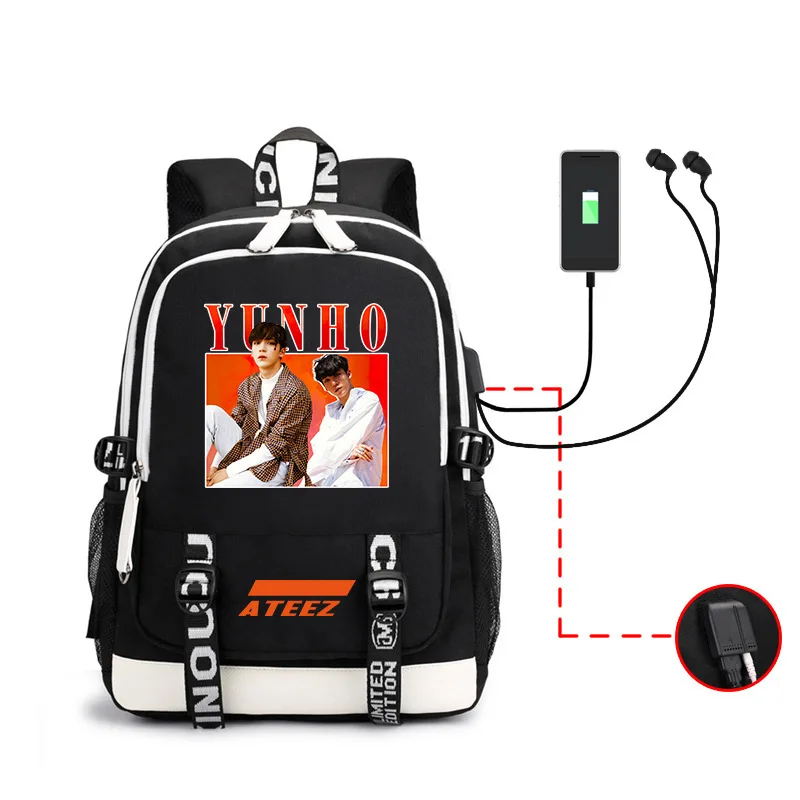Kpop Ateez рюкзак периферийная сумка мужская и женская сумка на оба плеча Usb гарнитура линия компьютерная упаковка - Цвет: black-yunho