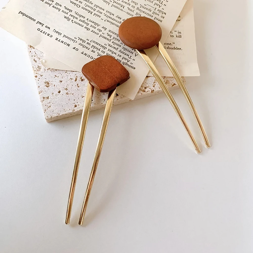 

New Minimalist Gold Alloy Hair Clips Geometric Wooden U-shaped Hair Sticks Female Girl Travel Dating Hair Accessories