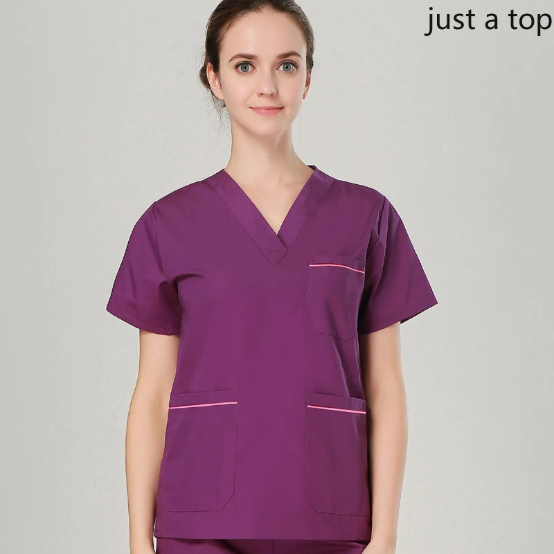 purple top Женская мода с коротким рукавом скраб-топ из чистого хлопка медицинская Униформа Классическая рубашка с v-образным вырезом аптека доктор уход Рабочая одежда - Цвет: purple top