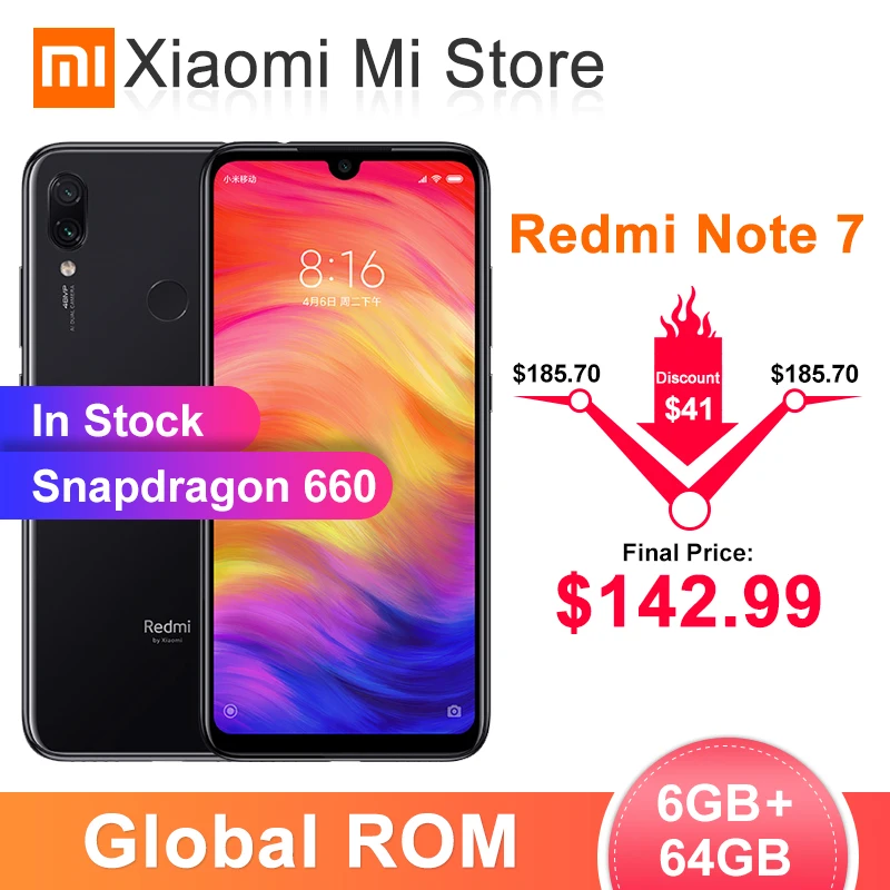 Смартфон Xiaomi Redmi Note 7 с глобальной прошивкой, 6 ГБ ОЗУ, 64 Гб ПЗУ, Snapdragon 660, экран 6,3 дюйма, задняя камера 48 МП, аккумулятор 4000 мАч