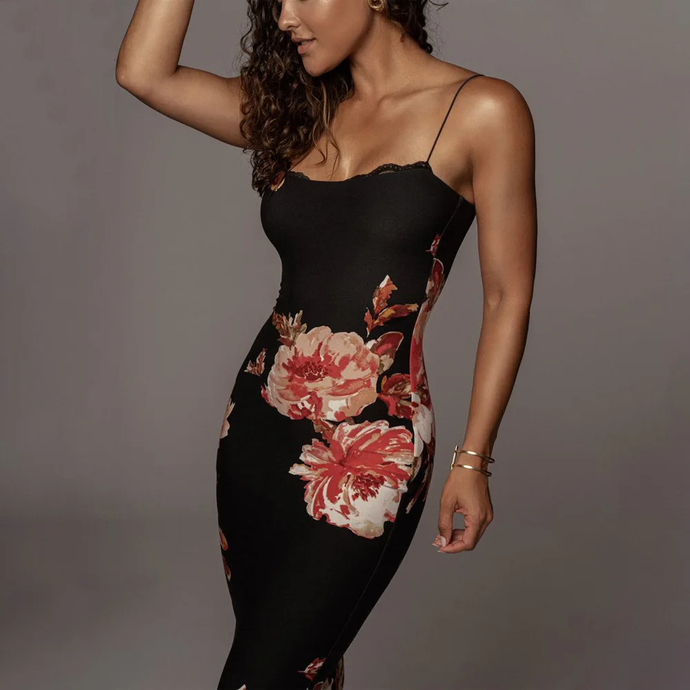 

Sexy Spaghetti Strap Sleeveless Lace Trim Bodycon Dress Women Floral Print Backless Slim Elegant Long Dress