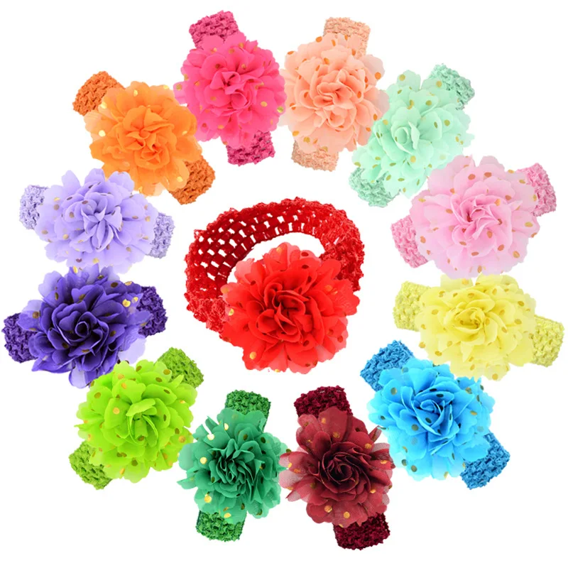 

5pcs/lot Newborn Chiffon Flower Headband with Golden Dots Handmade Crochet Elastic Hairband Toddler Hair Ornaments 23 Colors
