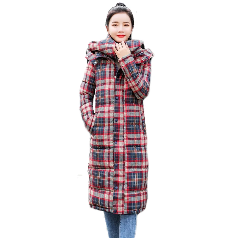 2020 зимняя женская длинная куртка размера плюс с клетчатым принтом и