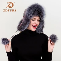 zdfurs russian leather bomber leather hat women winter hats with earmuffs trapper earflap cap women real raccoon fur black fox