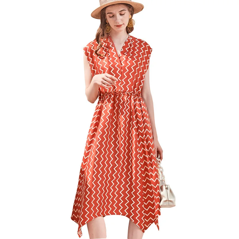 

Summer Sleeveless Silk Dress Wholesale 2021 New Women's Printed Lace Up Elegant Satin Dress