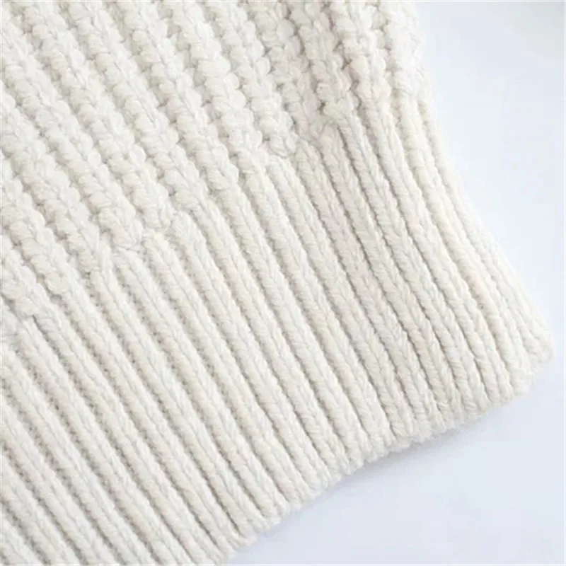 

PSEEWE Za White Knitted Women Sweater Winter 2021 Puff Long Sleeve Woman Pullover Ruffle Rib Knit Top Contrast Bow Warm Tunic