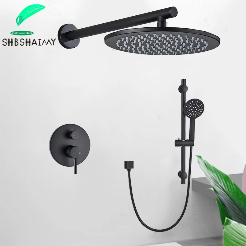 

SHBSHAIMY Black 10'' Brass Shower Faucet Set Wall Mounted Round Shower Head Hot Cold Mixer Tap Brass Hand Shower with 150cm tube