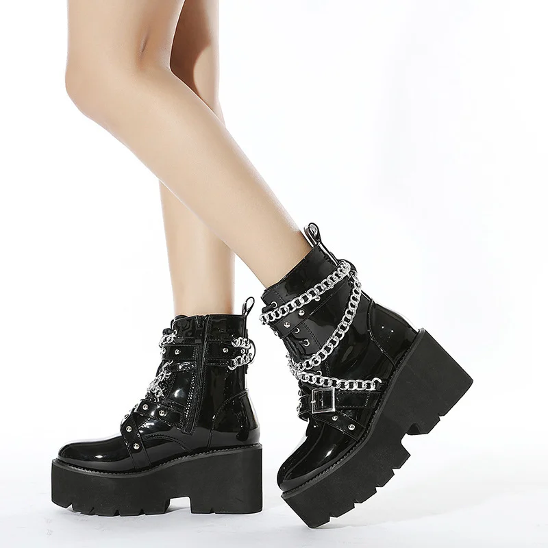 

Women's Round Toe Think Heel Waterproof Platform Ankle Boots PU Leather Metal Style Lady's Fashion INS Short Booties Fall Winter