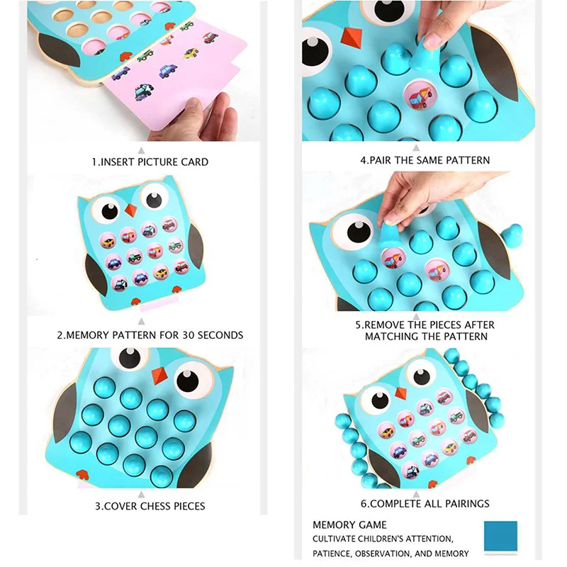 

Cartoon Owl Memory Detective Game 2-in-1 Wooden Chess Color Match Cognitive Board Party Games Toys for Kids Children
