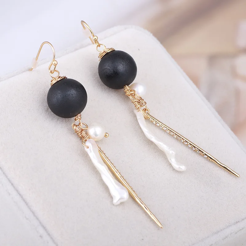 

European and American fashion black wooden beads long-style sulsen pearl earrings earrings