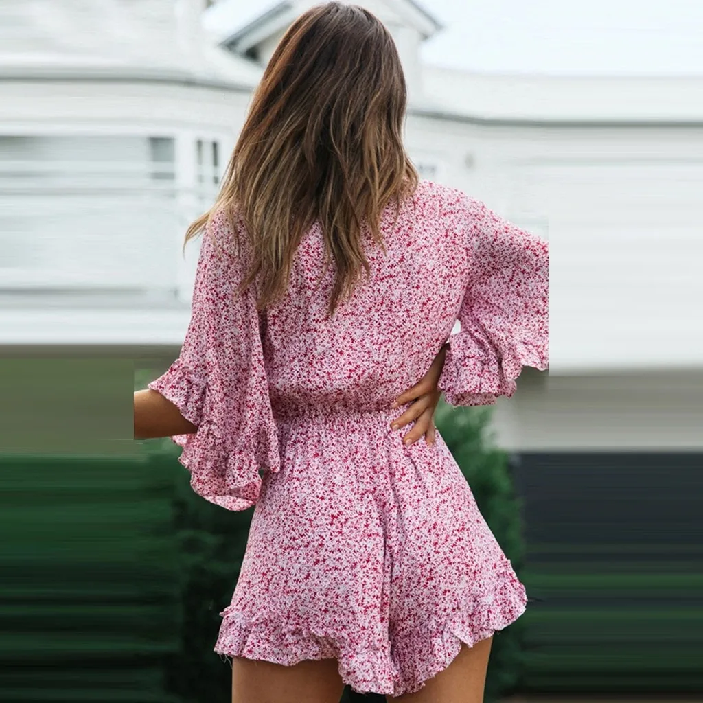 

Women Dresses Summer 2020 Sexy V Neck Floral Print Boho Beach Dress Ruffle Short Sleeve A Line Mini Dress Wrap Sundress Robe