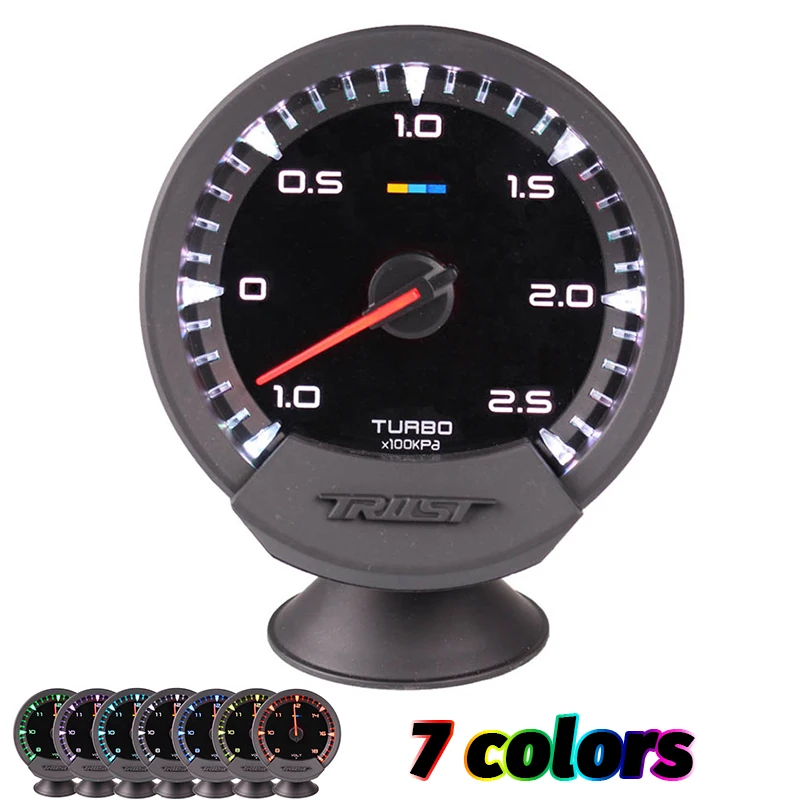 

74mm 1-2.5 Bar 7 Colors Car Turbo Boost Gauge Turbocharger Meter Digital LED Display Black Face with Sensor 12V