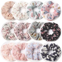 Chouchous en mousseline de soie imprimé pour femmes, 2 pièces/lot, grand élastique en caoutchouc, porte queue de cheval pour fille, ensemble de cravates, bandeau de cheveux à la mode  (2)