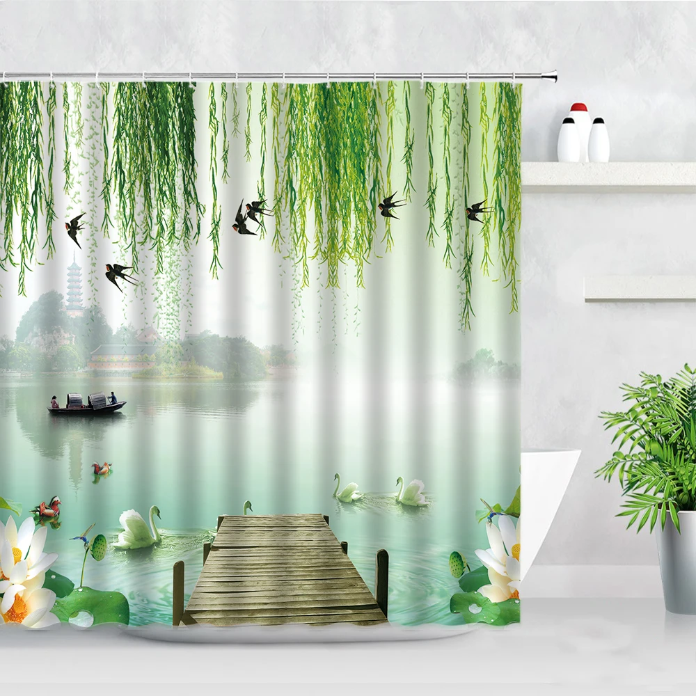 

Summer Scenery Shower Curtains Green Leaves Birds Swan Lotus Boat Chinese Style Natural Landscape Fabric Bathroom Decor Curtain
