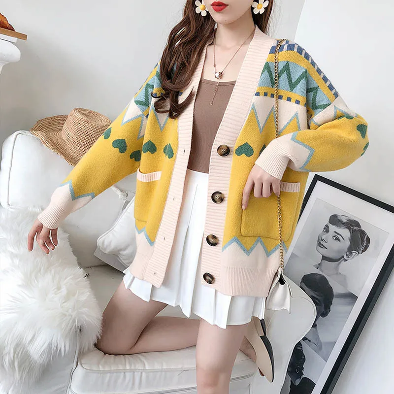 

Женский трикотажный кардиган с геометрическим рисунком, длинный укороченный теплый кардиган с V-образным вырезом, в стиле ретро, Осень-зима ...