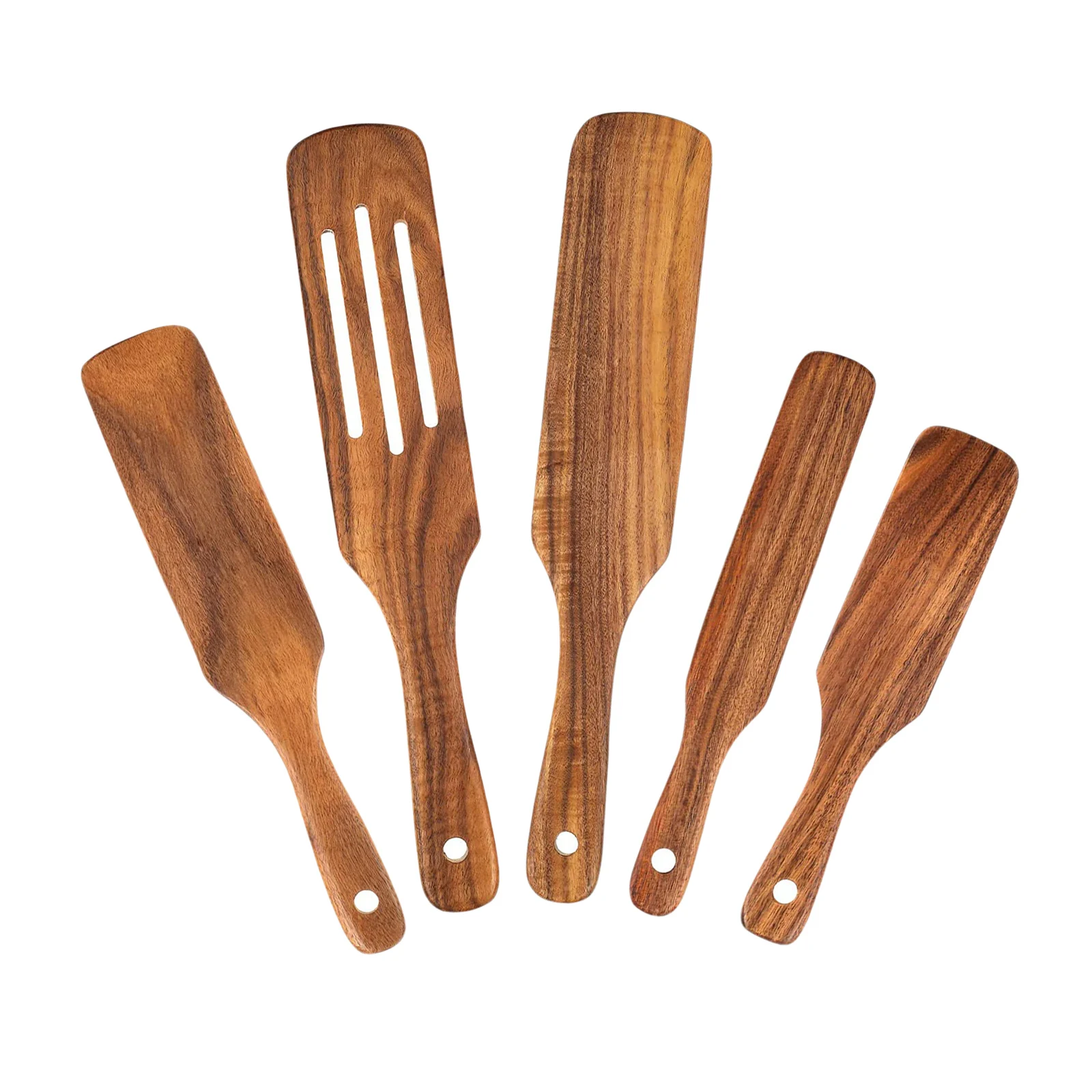 

5x Premium Natural Teak Wood Slotted Spatulas Spoons Set Cookware Cooking