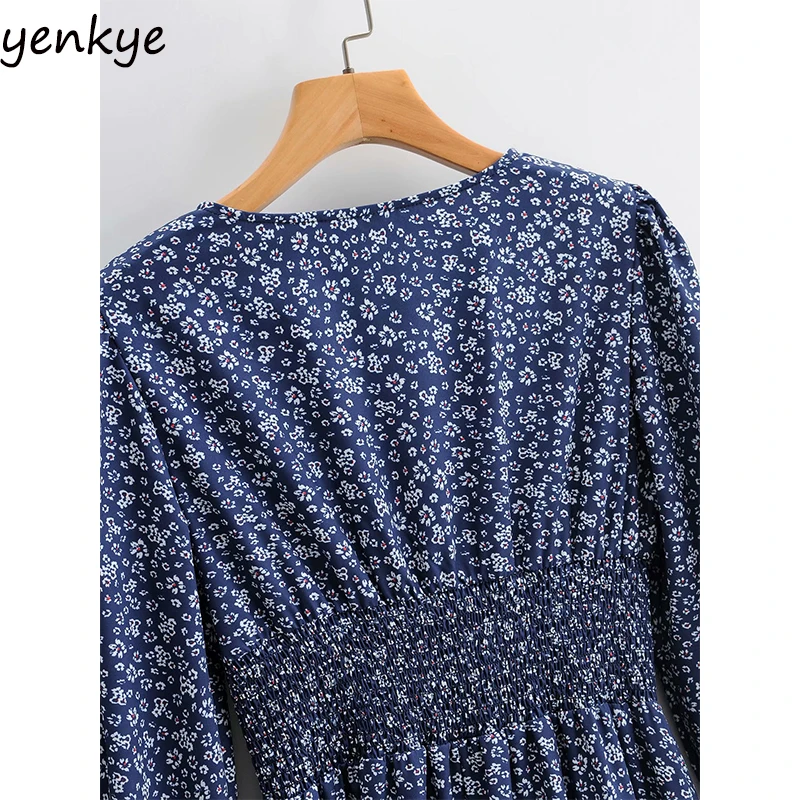 

New Spring Autumn Women Vintage Floral Print Casual Dress Elegant Lady V Neck Long Sleeve Elastic Waist Midi A-line Dress