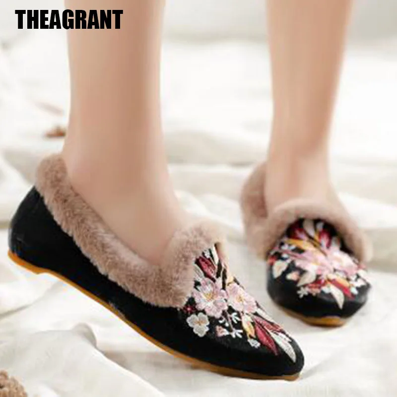 THEAGRANT/зимняя обувь с вышивкой женская теплая меховая повседневная на плоской
