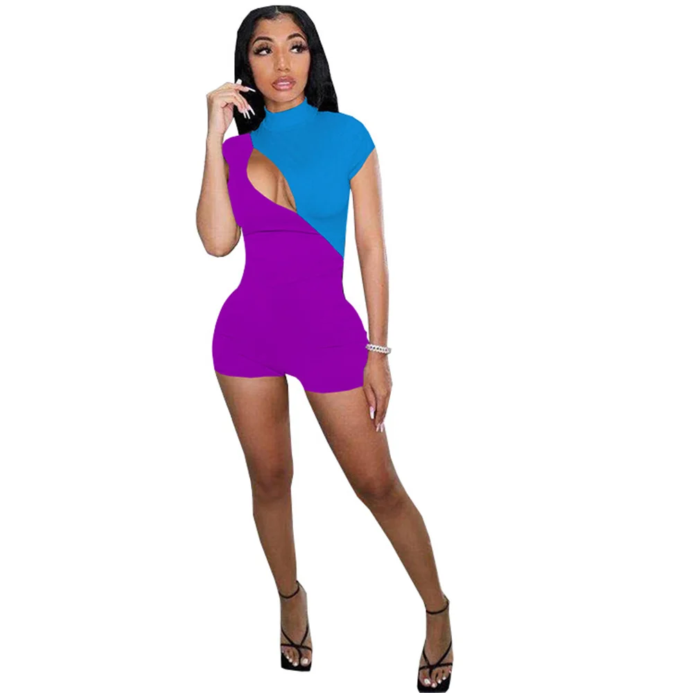 

RStylish 2021 Hot Sales Women Patchwork Color Sleeveless O-Neck Hollow Out Summer Fashion Bodycon Romper Skinny Short Jumpsuits