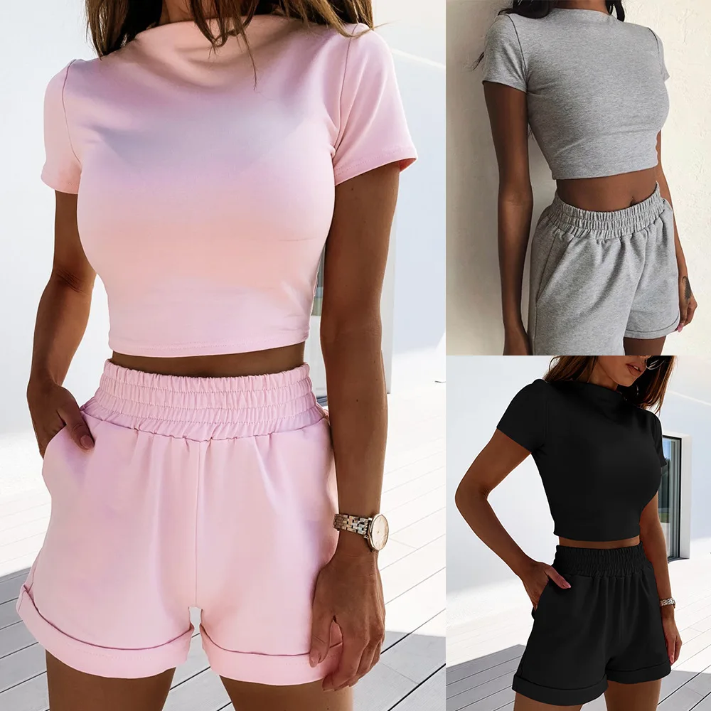 

Casual Loose Short Sleeves High Waist Cropped Shorts Suit Sexy Slim Korean Fashion Simples Commuter Ladie Two-Piece Suits Women