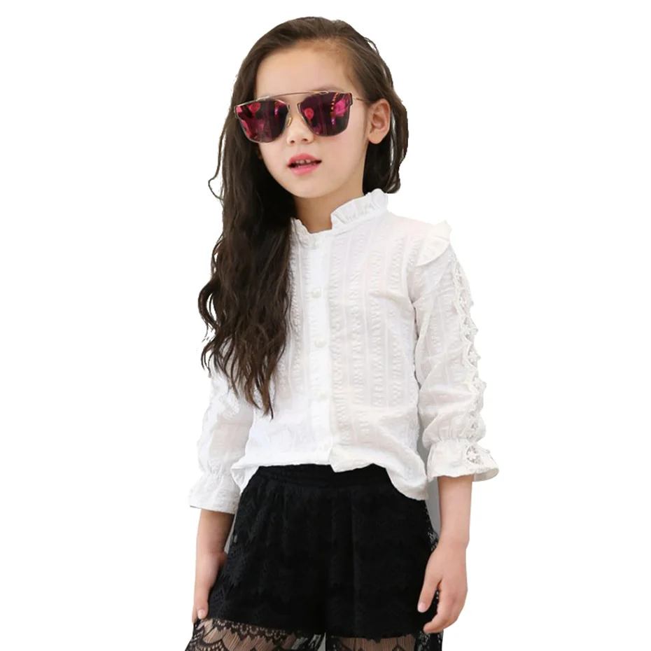 Белая блузка для девочек весенне летние кружевные топы подростков школьная