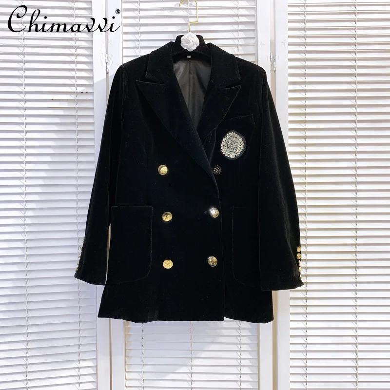 

Office Lady Notched Rhinestone Badge Black Velour Blazers 2021 Spring Women Metal Buttons Double-breasted Suit Jacket Coats