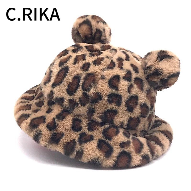 Панама женская зимняя с леопардовым принтом модная плотная теплая шапка ушками