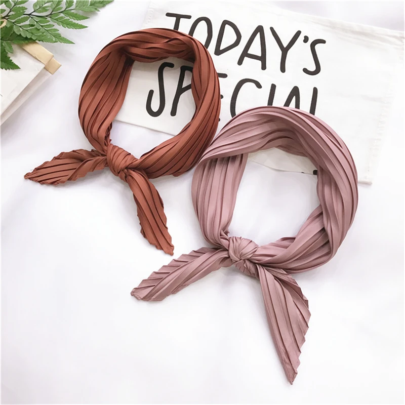 

New Fashion Women Silk Pleated Scarf Luxury Solid Neck Scarfs Foulard Femme Crinkle Hair Band Scarves Girl Neckerchief 2021