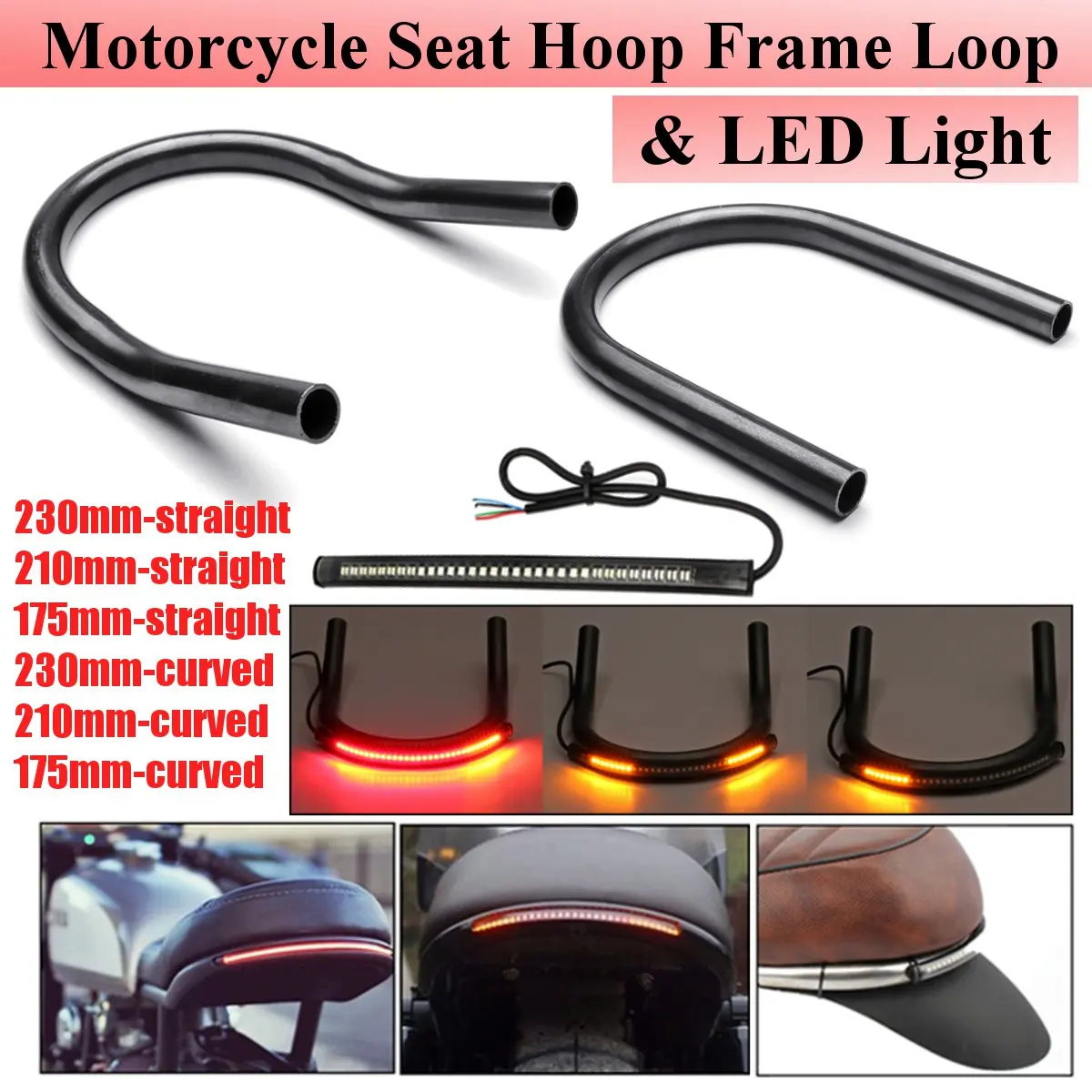175/210/230MM Motorcycle Rear Seat Frame Hoop Loop LED Stop Turn Signal Brake Light for Cafe Racer/Honda/Kawasaki/Suzuki/Yamaha