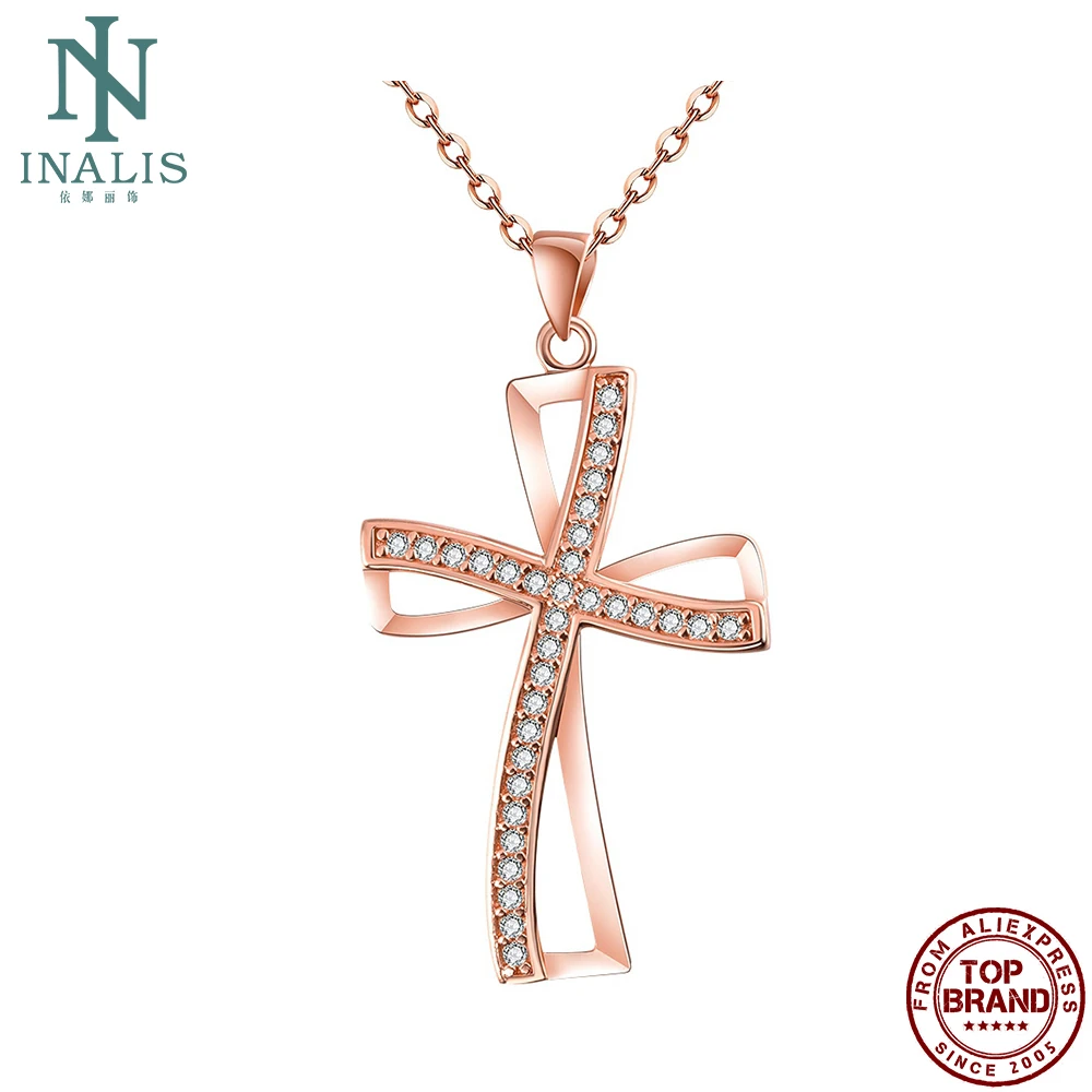 Женское ожерелье с подвеской-крестом INALIS позолоченное розовым золотом