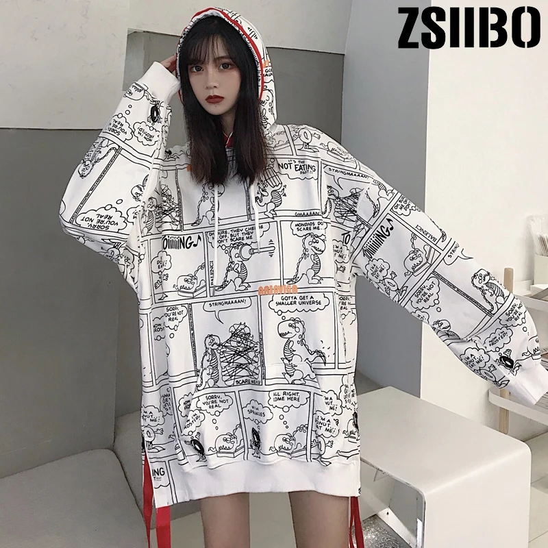 Готические толстовки с капюшоном мультяшным принтом динозавра Harajuku осенние