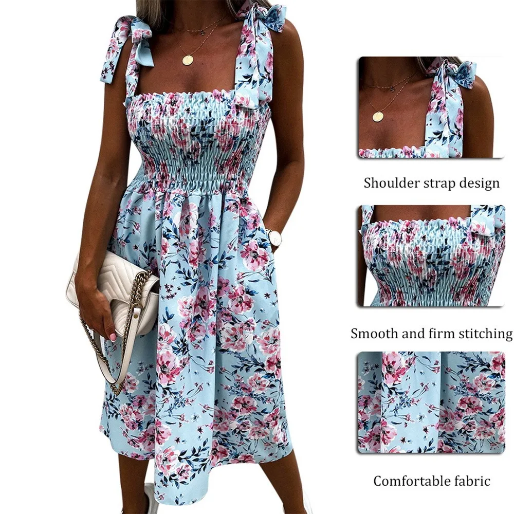 

2021 Fashion Women Summer Flower Print Dress Design Pockets Bandage Decor Sling With Bow Sleevelss Square Collar Slim Dress