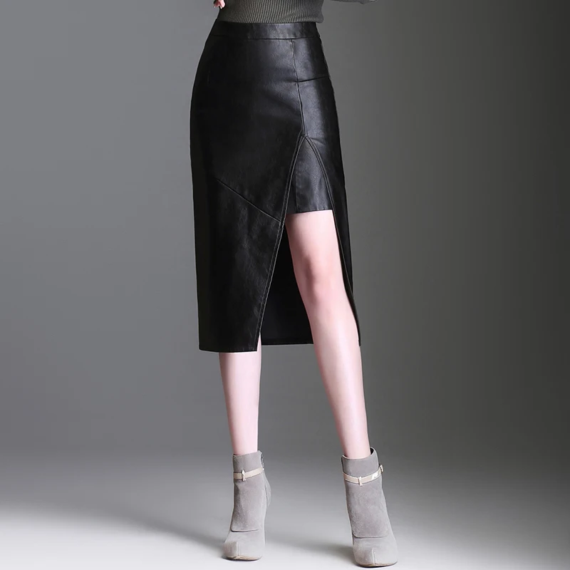 Женская юбка карандаш jupe осенне зимняя с высокой талией из искусственной кожи