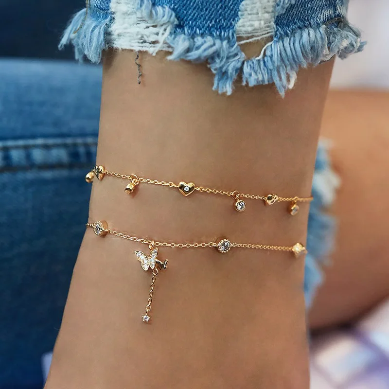 

New Arrival Gold Anklets for Womens Butterfly Love Diamond Star Elephant Cross Alloy Anklets Jewelry for Girls