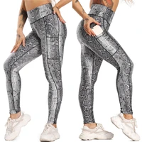 3d snake skin print high waist women sports leggings pockets fitness gym yoga pants workout seamless tights trousers female