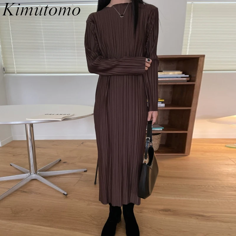 

Повседневные Шикарные Длинные женские платья Kimutomo, Осеннее Новое винтажное простое плиссированное платье с круглым вырезом и длинным рука...