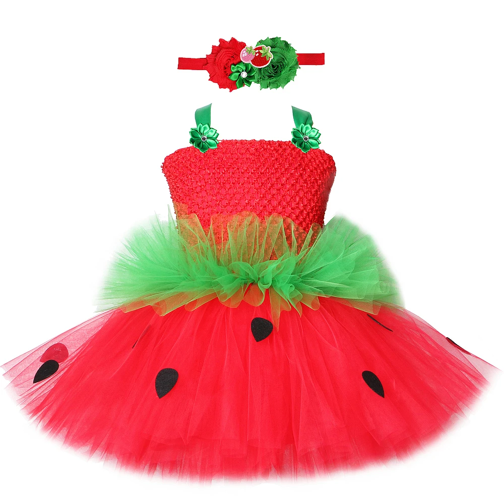 

Cute Strawberry Tutu Dress Red Green Tulle Flowers Princess Girls Birthday Party Dress Children Kids Christmas Halloween Costume