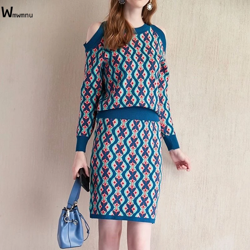 

sexy dress Women autumn long sleeve Sweater dress Slim ladies pullover sweater dress sets Printing Knitted Strapless 2 piece set