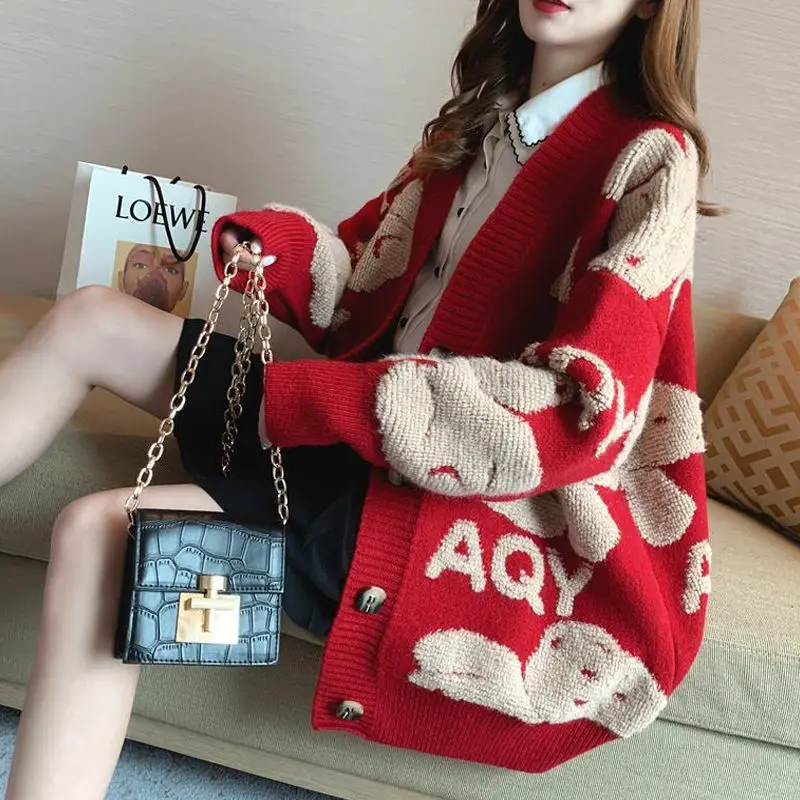 

Winter Female Cardigans Loose Streetwear Knitted Sweater Coat Cute Cartoon Print Oversize Cardigan Women V Neck Mid-length Coat