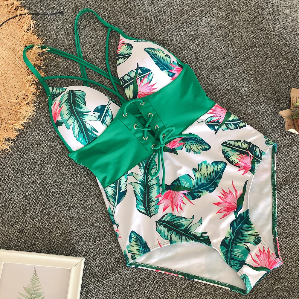 

ZAFUAZ 2020 New Abdomen Control Wasit Push Up Swimsuit Print Swimwear Vintage Retro Backless Bathing Suits Bodysuit Beach Wear