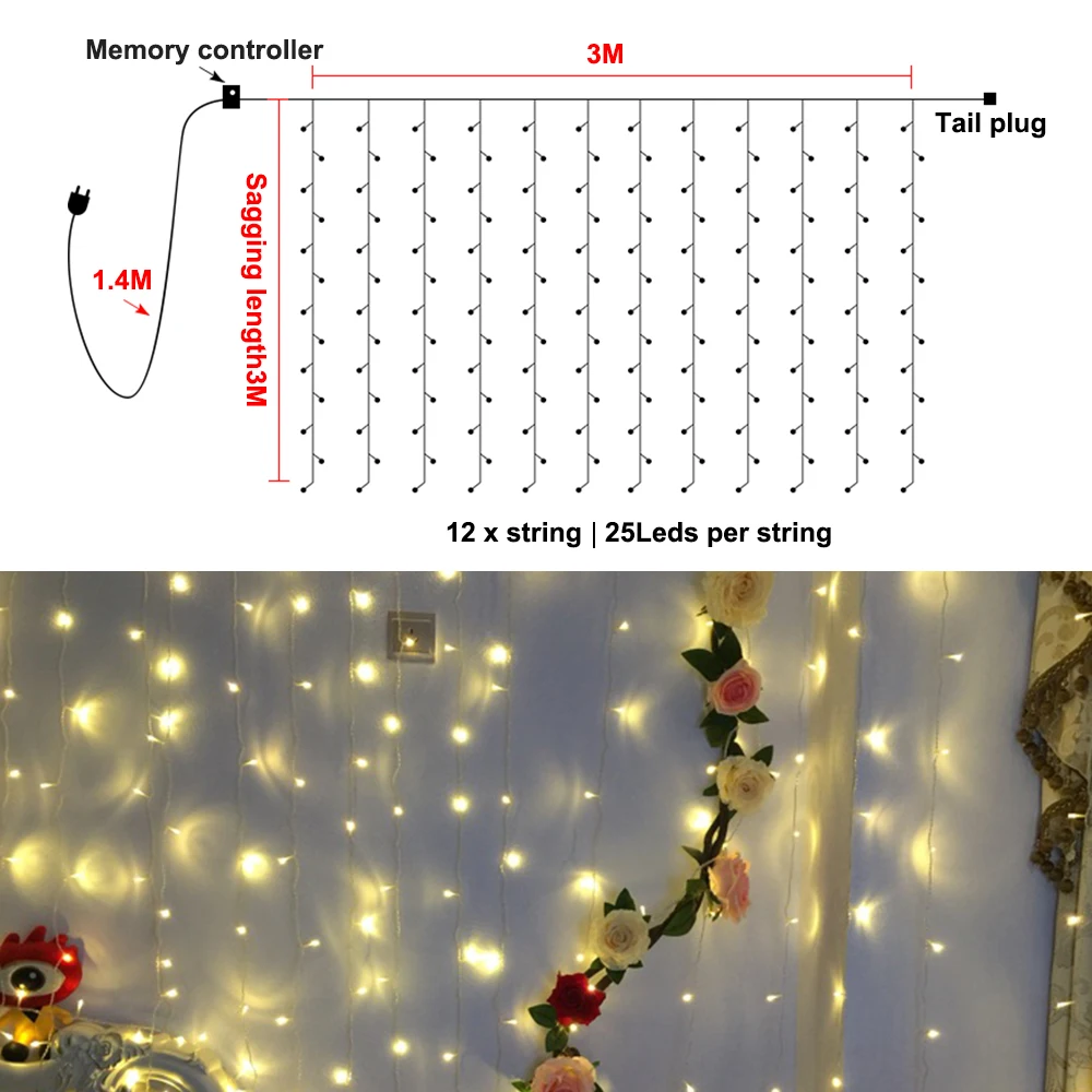 LEADLY 3x3m LED Curtain String Lights Strip Christmas Outdoor Home Light For Wedding Party Garden Room Decor | Лампы и освещение