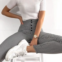 new ins with the same paragraph high waist casual pants female button tight fitting feet nine point woman pants plaid pants