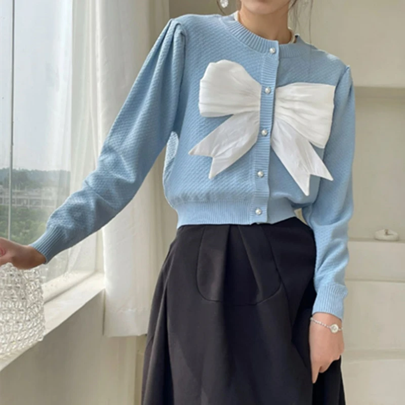 Женский однобортный Кардиган ALPHALMODA с бантом длинными рукавами буфами на весну 2022