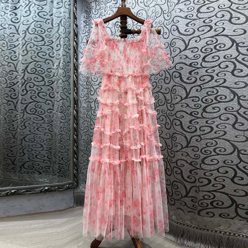 

Australian fashion square collar design dress female layer wood ear stitching mesh gauze pink sweet long skirt