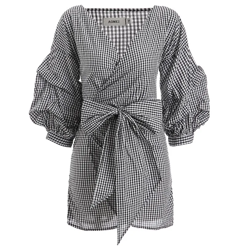 

Elegant Lace Stitching V neck Woman Dress Autumn Wrist Sleeves Sashes Pockets Casual Dresses For Women Office Wear